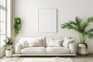 AI generated Stylish living room interior with white sofa and blank white canvas on the wall photo