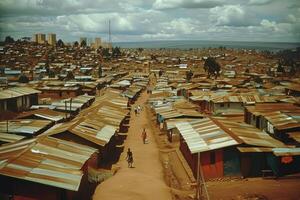 AI generated slum areas and poverty behind highrise buildings in the city professional photography photo