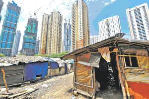 AI generated slum areas and poverty behind highrise buildings in the city professional photography photo