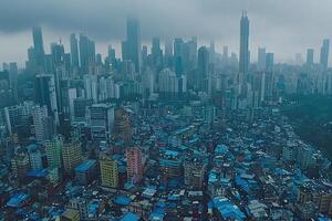 AI generated slum areas and poverty behind highrise buildings in the city professional photography photo