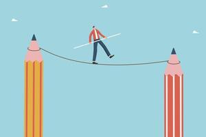 Man walks on tightrope between pencils vector