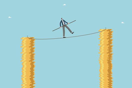 Man walks tightrope between stacks of coins vector