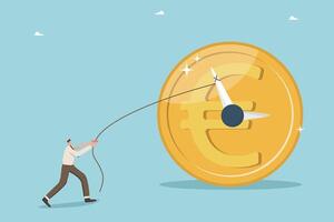 Man pulling clock hands on euro coin vector