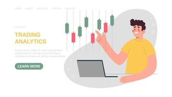 Web banner with man points to stock market chart vector