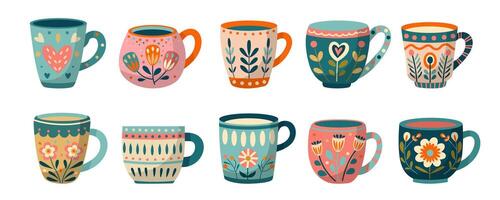 conjunto de tazas con resumen floral diseño vector