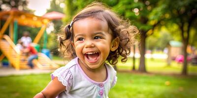 ai generado contento pequeño niña jugando en parque foto