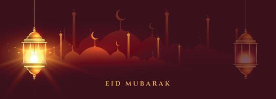 hermosa eid Mubarak bandera con brillante islámico linterna vector