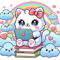 AI generated graphics of  joyful kawaii cat and laptop png