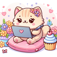 AI generated graphics of  joyful kawaii cat and laptop png