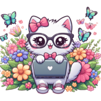 AI generated graphics of  joyful kawaii cat and laptop png