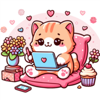 AI generated graphics of  joyful kawaii cat and laptop png