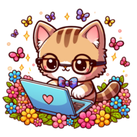 AI generated graphics of  joyful kawaii cat and laptop png