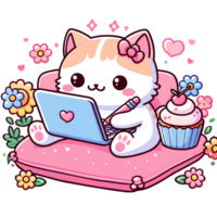 AI generated graphics of  joyful kawaii cat and laptop png