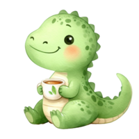 AI generated little green tyrannosaurus rex with a cup of tea png