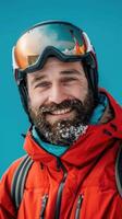 AI generated smiling man with a beard in ski equipment on a blue background photo