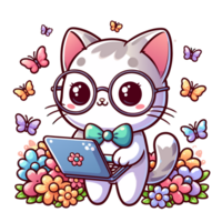 AI generated graphics of  joyful kawaii cat and laptop png