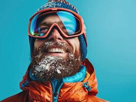 AI generated smiling man with a beard in ski equipment on a blue background photo