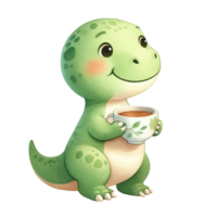 ai generiert wenig Grün Tyrannosaurus rex mit ein Tasse von Tee png