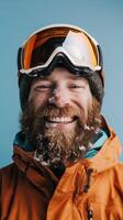 ai generado sonriente hombre con un barba en esquí equipo en un azul antecedentes foto