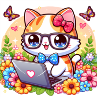 AI generated graphics of  joyful kawaii cat and laptop png