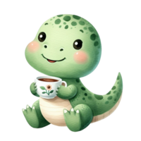 ai generado pequeño verde tiranosaurio rex con un taza de té png