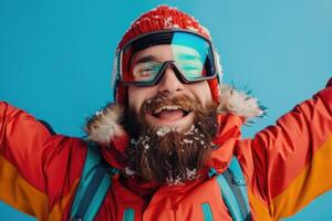 AI generated smiling man with a beard in ski equipment on a blue background photo