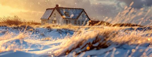 ai generado invierno paisaje a puesta de sol con césped y casa en antecedentes foto