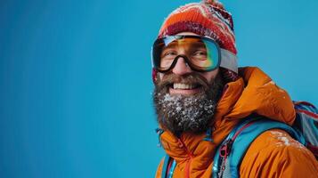 AI generated smiling man with a beard in ski equipment on a blue background photo