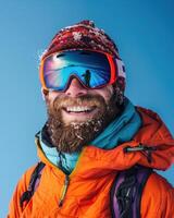 AI generated smiling man with a beard in ski equipment on a blue background photo