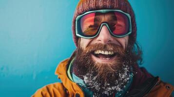 AI generated smiling man with a beard in ski equipment on a blue background photo