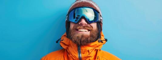 AI generated smiling man with a beard in ski equipment on a blue background photo