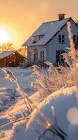 ai generado invierno paisaje a puesta de sol con césped y casa en antecedentes foto