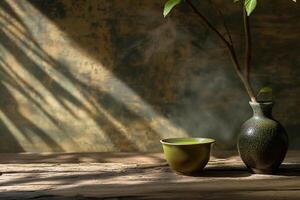 AI generated Matcha tea ceramic bowl on a rustic wooden surface with sun rays, self-care concept photo