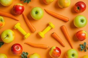 AI generated Apples, carrots and dumbbells on a bright orange background, healthy lifestyle concept photo