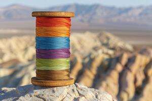 AI generated A wooden spool with colorful threads sits against the backdrop of the Mojave desert. Ideal stock photo for blogs and articles about crafts, sewing, or design.