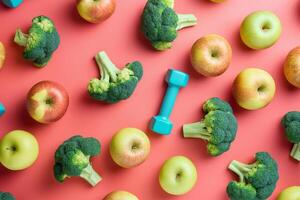 AI generated Creative flat lay composition on healthy lifestyle theme, apples, broccoli, and dumbbells, on bright pink background photo