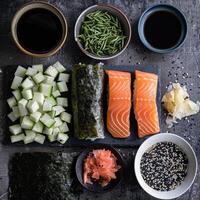 AI generated Some raw ingredients to make sushi photo