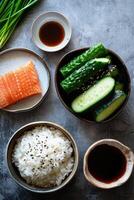 AI generated Some raw ingredients to make sushi photo