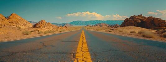 ai generado la carretera en el desierto, amarillo tráfico línea foto