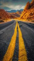 ai generado la carretera en el desierto, amarillo tráfico línea foto