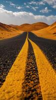 ai generado la carretera en el desierto, amarillo tráfico línea foto