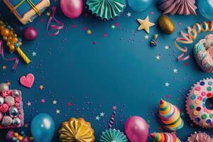 AI generated Colorful birthday background with multicolor party items photo