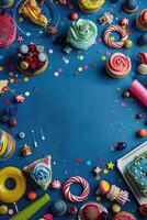 AI generated Colorful birthday background with multicolor party items photo