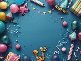 AI generated Colorful birthday background with multicolor party items photo