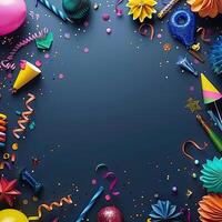 AI generated Colorful birthday background with multicolor party items photo