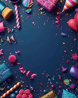 AI generated Colorful birthday background with multicolor party items photo