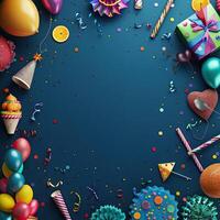 AI generated Colorful birthday background with multicolor party items photo