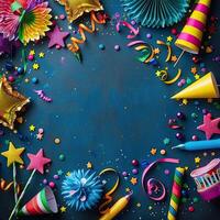 AI generated Colorful birthday background with multicolor party items photo