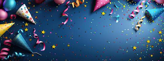 AI generated Colorful birthday background with multicolor party items photo