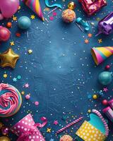 AI generated Colorful birthday background with multicolor party items photo